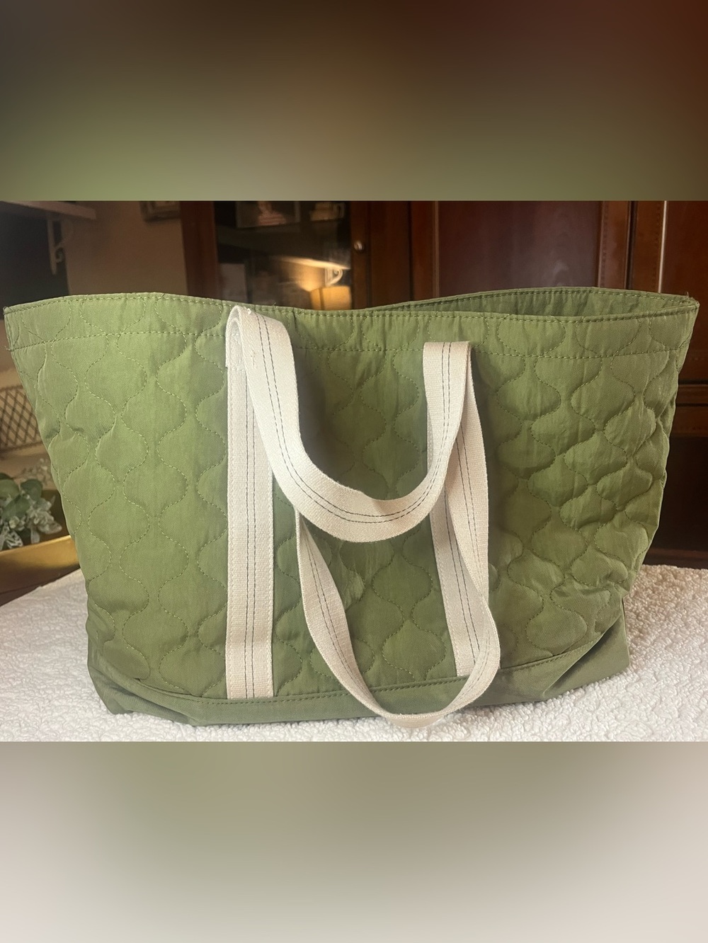 Universal Thrd Olive Green Quilted Tote Bag Large Snap Closure Utility Carryall